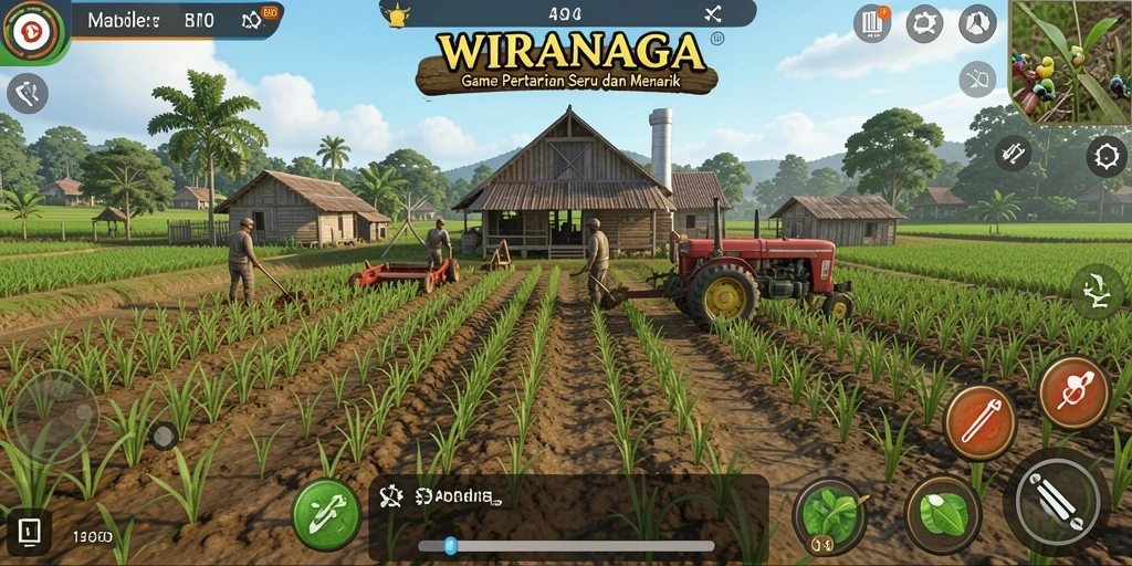 Screenshot gameplay WIRANAGA dengan suasana pertanian yang indah.